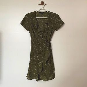 Retro styled ruffled olive green wrap dress from Forever 21.
